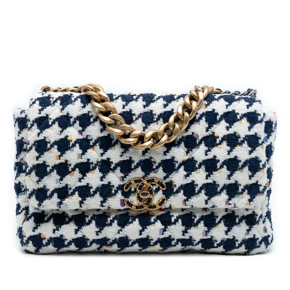 Chanel AB Chanel Blue Navy with White Tweed Fabric Large Houndstooth 19 Flap Italy