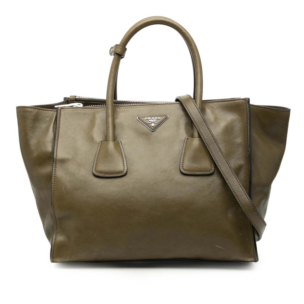 Prada B Prada Brown Dark Khaki Calf Leather Glace Twin Pocket Double Handle Satchel Italy