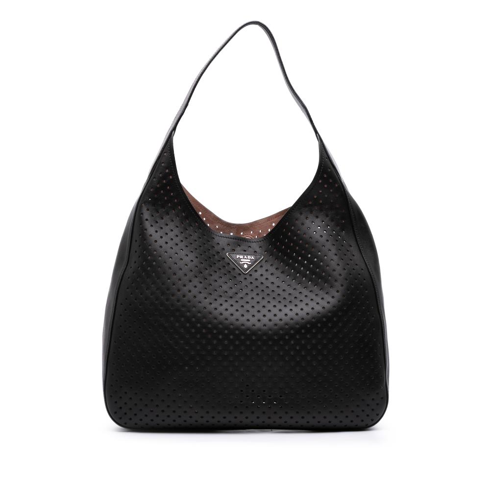 Prada B Prada Black Calf Leather City Fori Perforated Hobo Bag Italy