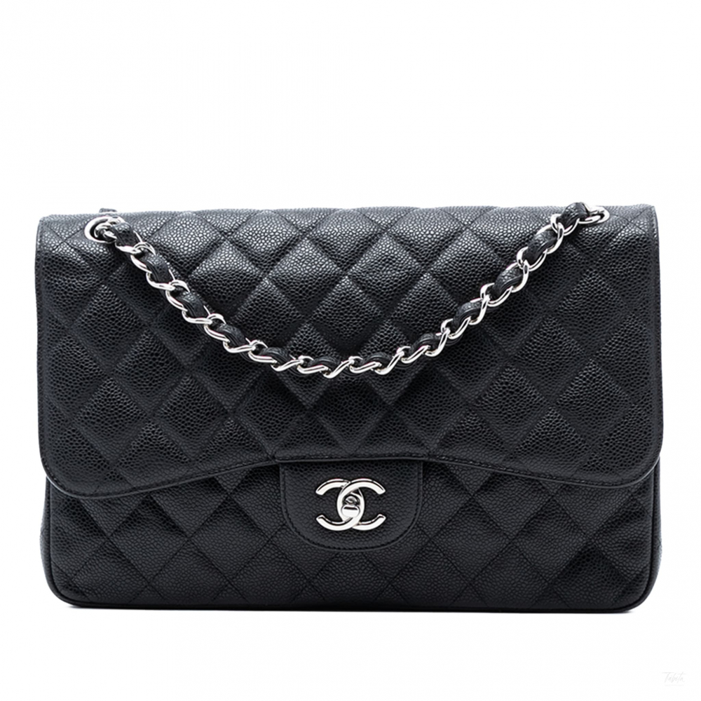 Chanel Classic Double Flap Jumbo Matelassè Caviar Leather Flap Handbag Black