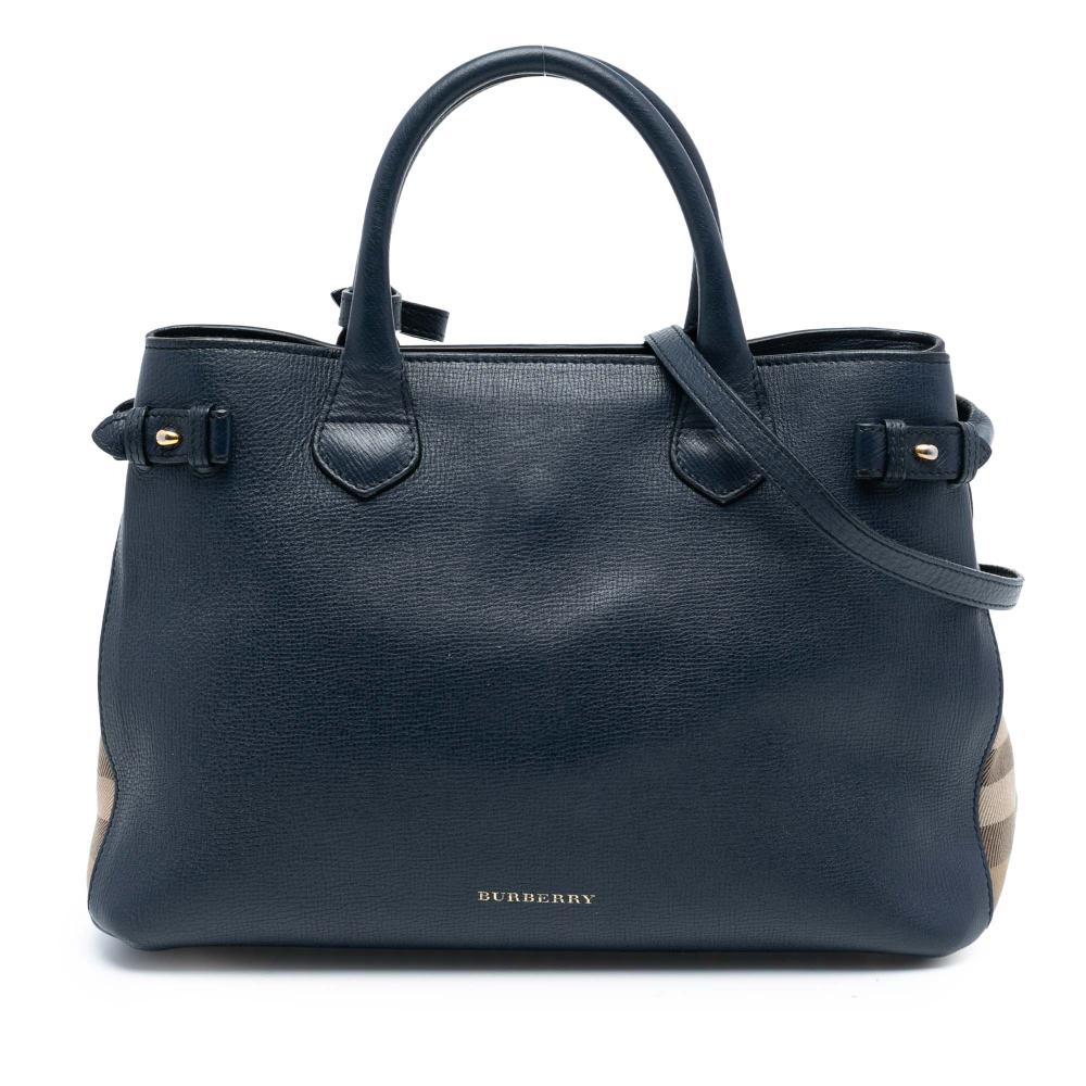 Burberry B Burberry Blue Navy with Brown Light Brown Calf Leather Medium and House Check Banner Satchel Italy