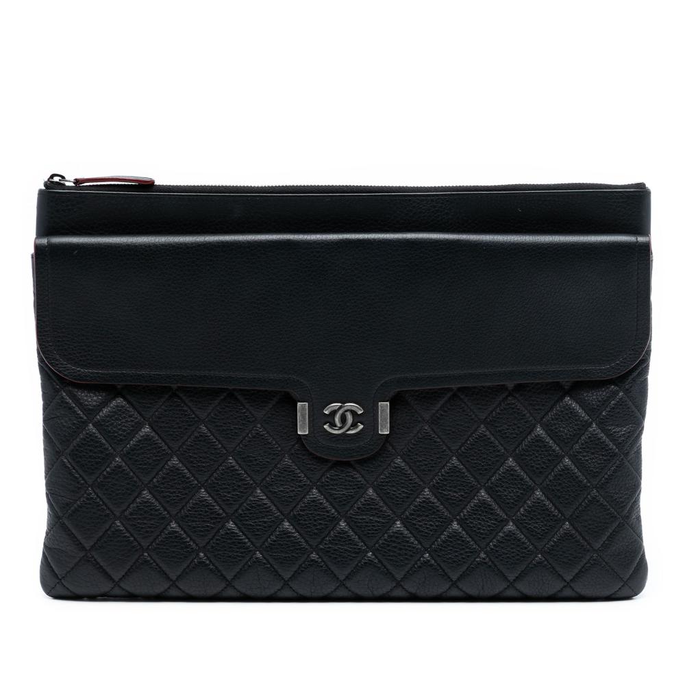 Chanel AB Chanel Black Calf Leather Large Quilted Grained skin Archi Chic Cosmetic Case France