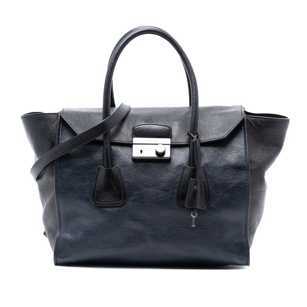 Prada B Prada Blue Navy with Black Calf Leather Bicolor Glace Sound Lock Satchel Italy