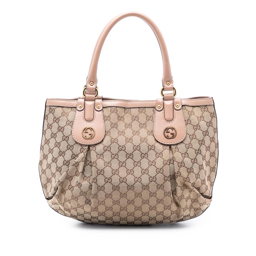 Gucci AB Gucci Brown Beige Canvas Fabric GG Scarlett Tote Italy