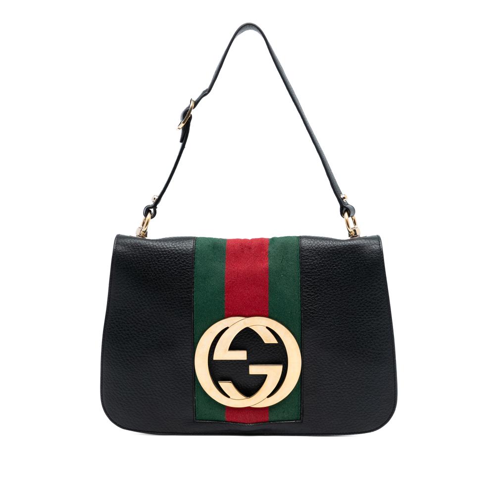Gucci B Gucci Black Calf Leather Blondie Web Shoulder Bag Italy