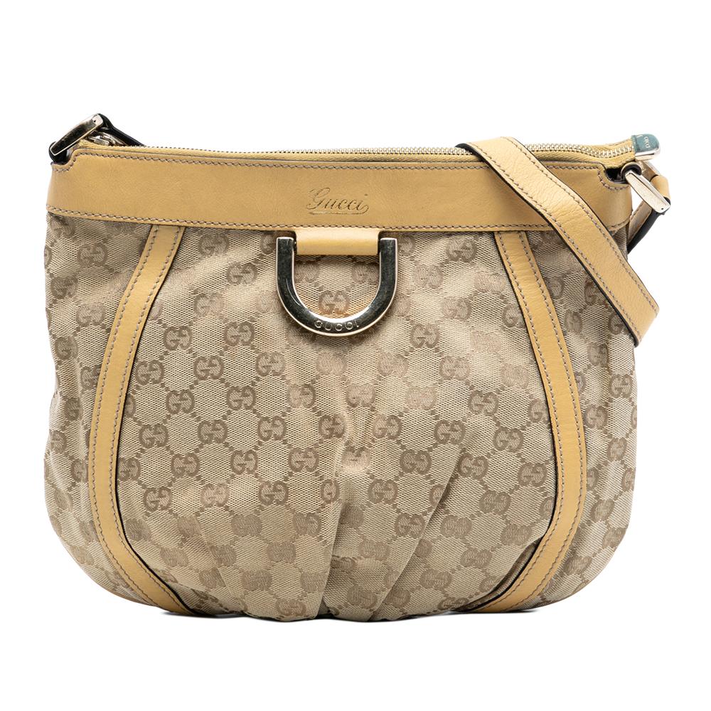 Gucci B Gucci Brown Light Beige Canvas Fabric GG Abbey D Ring Crossbody Italy