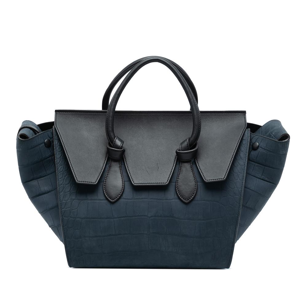 Celine B Celine Blue Navy with Black Calf Leather Medium Bicolor Embossed skin Tie Knot Tote Italy
