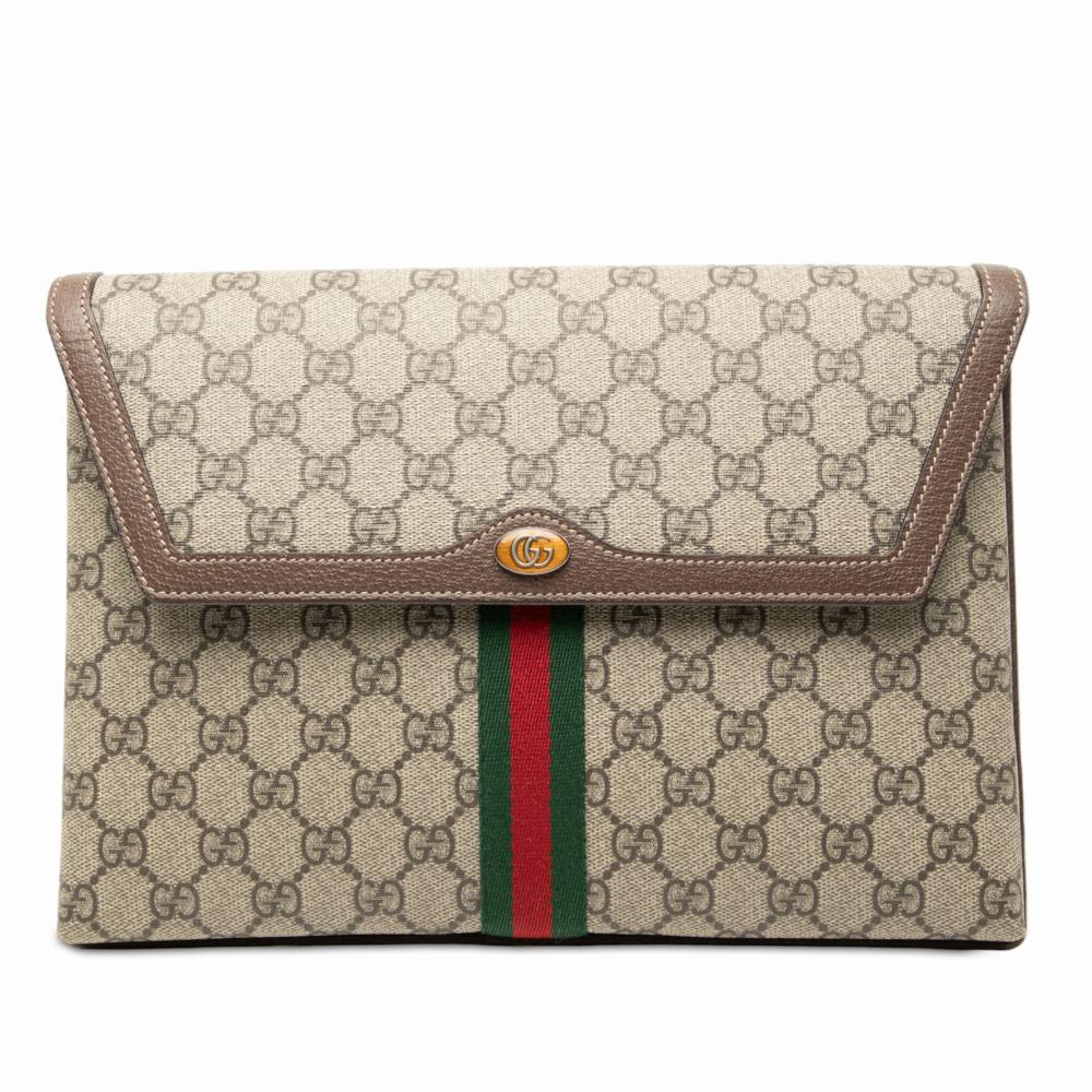 Gucci AB Gucci Brown Beige Coated Canvas Fabric GG Supreme Web Ophidia Flap Clutch Italy