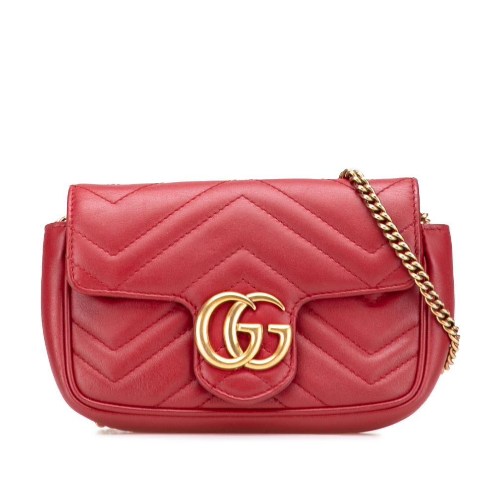 Gucci B Gucci Red Calf Leather Mini GG Marmont Matelasse Flap Crossbody Italy