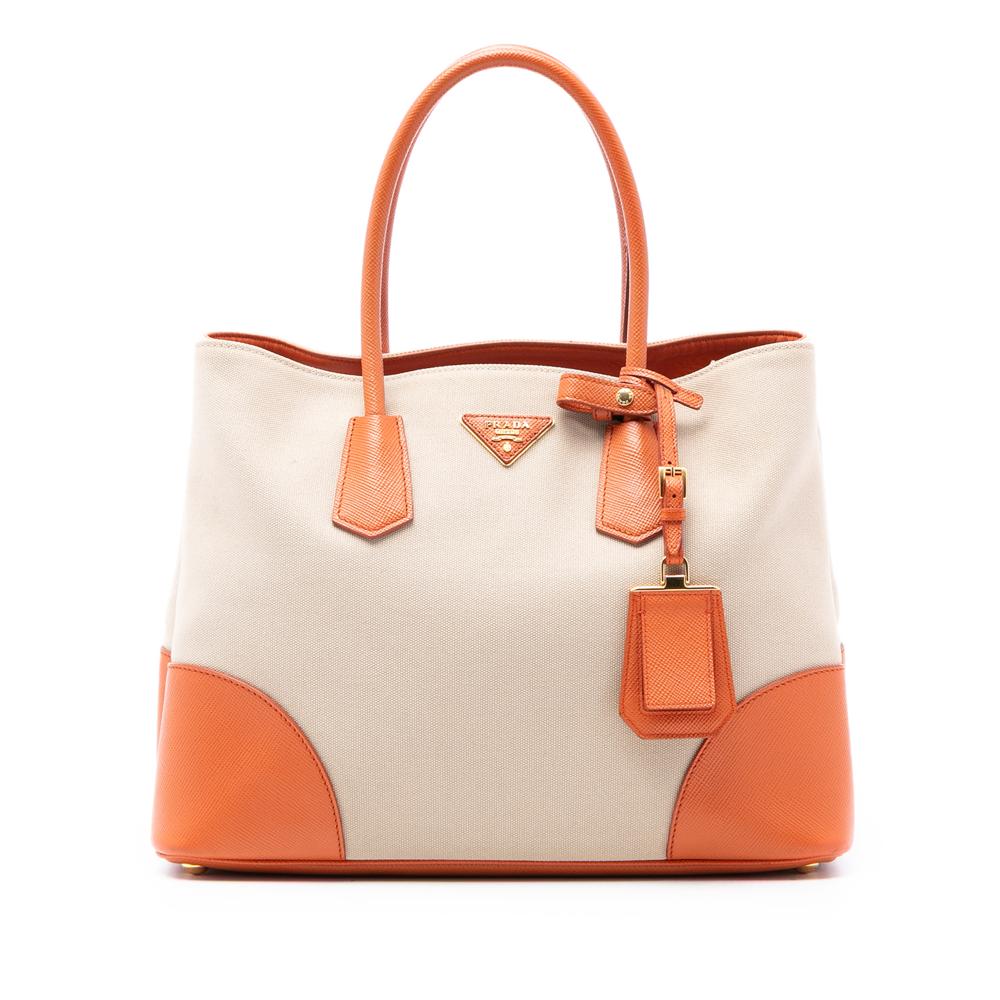 Prada AB Prada Brown Beige with Orange Canvas Fabric Large Saffiano Trimmed Canapa Double Satchel Italy