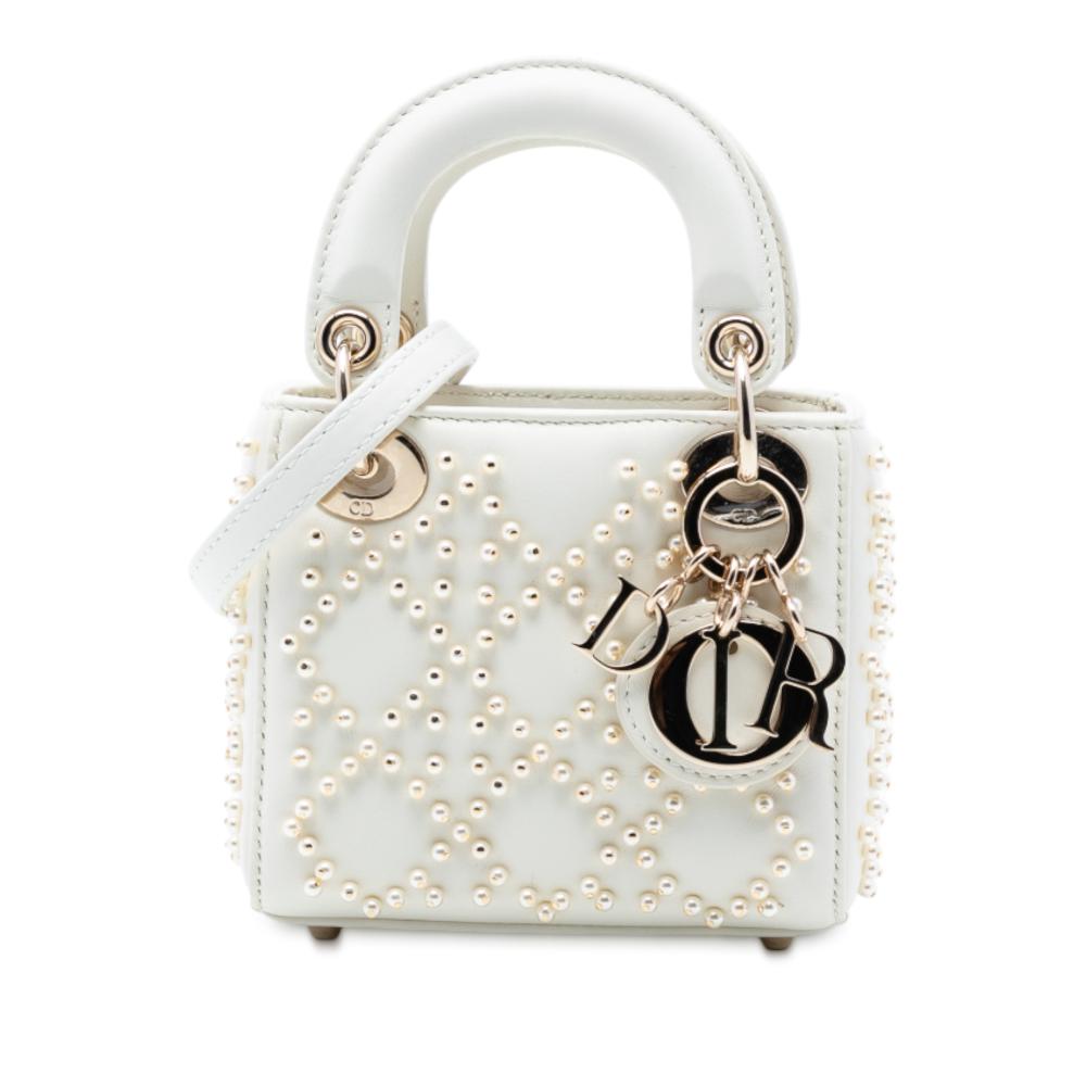 Christian Dior AB Dior White Lambskin Leather Leather Micro Lambskin Cannage Pearl Lady Dior Italy
