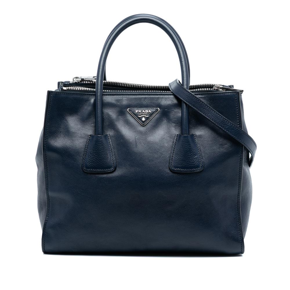 Prada B Prada Blue Navy Calf Leather Glace Twin Pocket Double Handle Satchel Italy