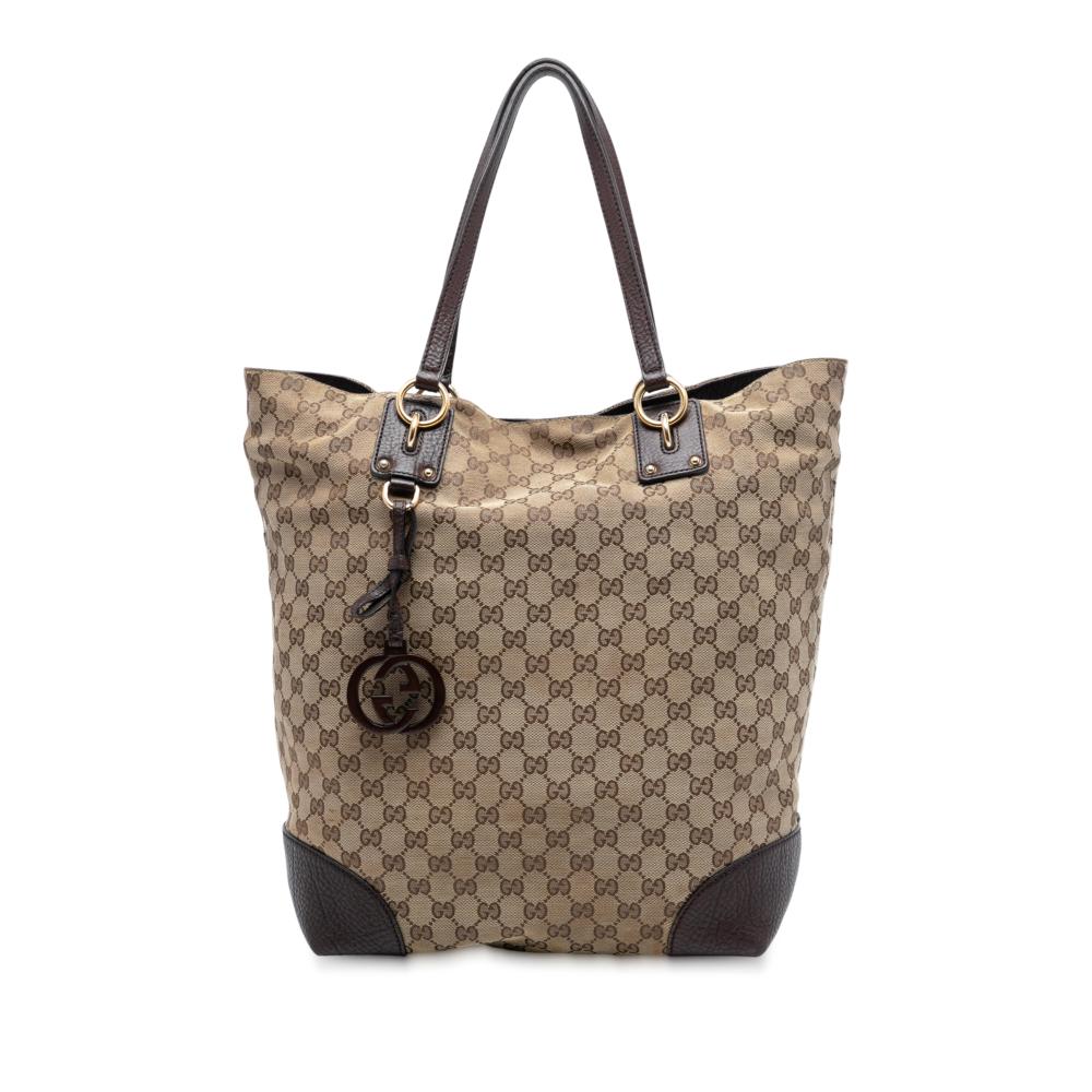 Gucci B Gucci Brown Beige Canvas Fabric Large GG GG Charm Tote Italy