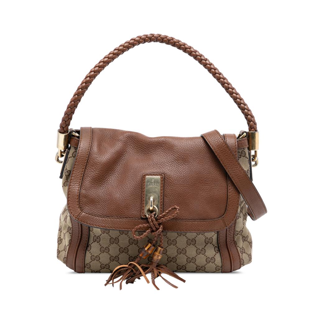 Gucci B Gucci Brown Beige Canvas Fabric GG Bella Flap Satchel Italy