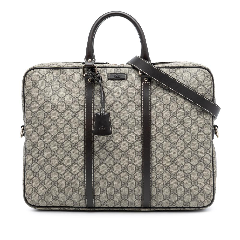 Gucci AB Gucci Brown Beige Coated Canvas Fabric GG Supreme Briefcase Italy