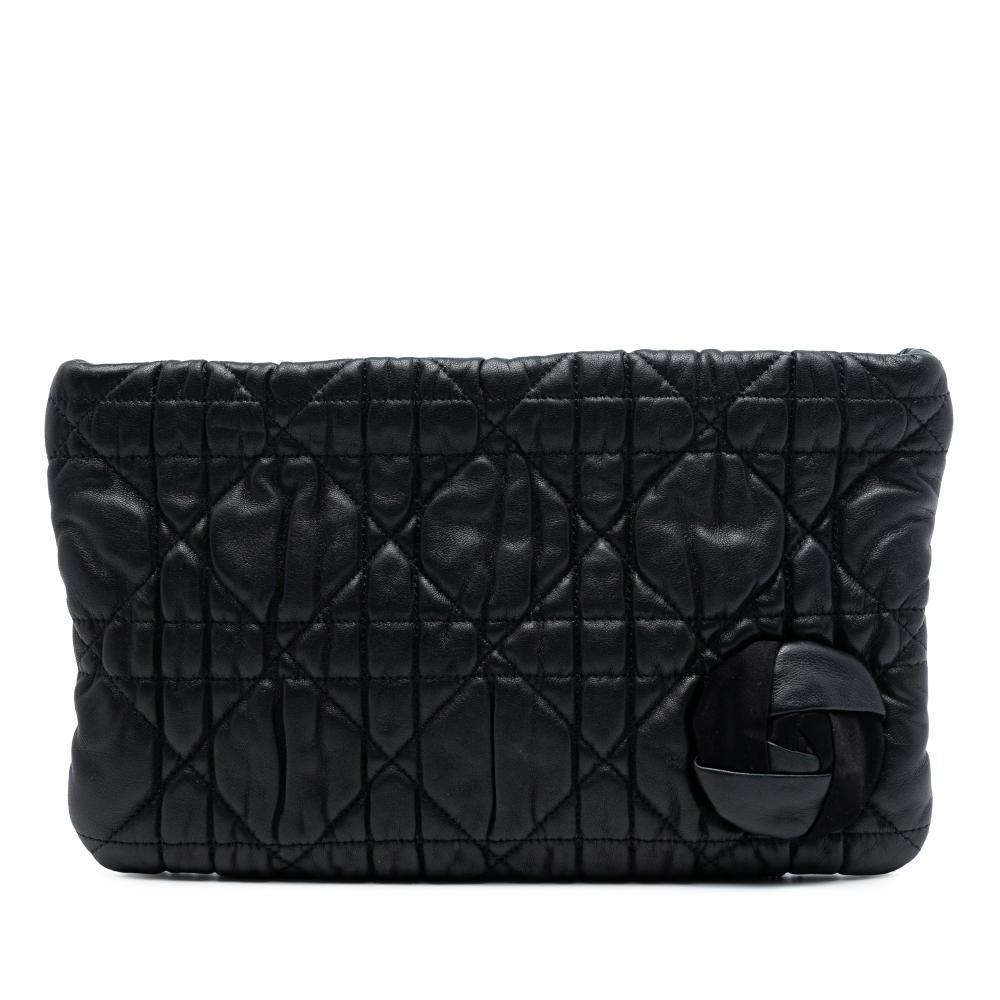 Christian Dior B Dior Black Calf Leather skin Cannage Rose Clutch Italy