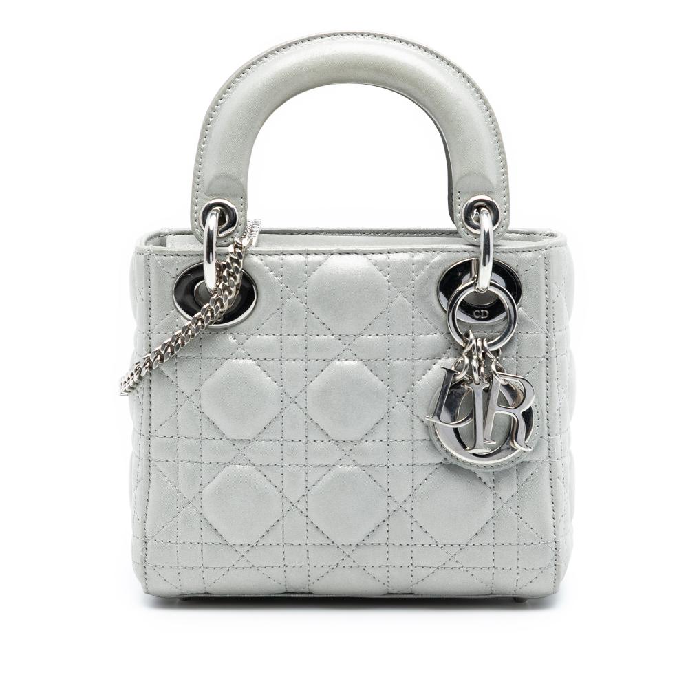Christian Dior AB Dior Silver Lambskin Leather Leather Mini Iridescent Lambskin Cannage Lady Dior Italy
