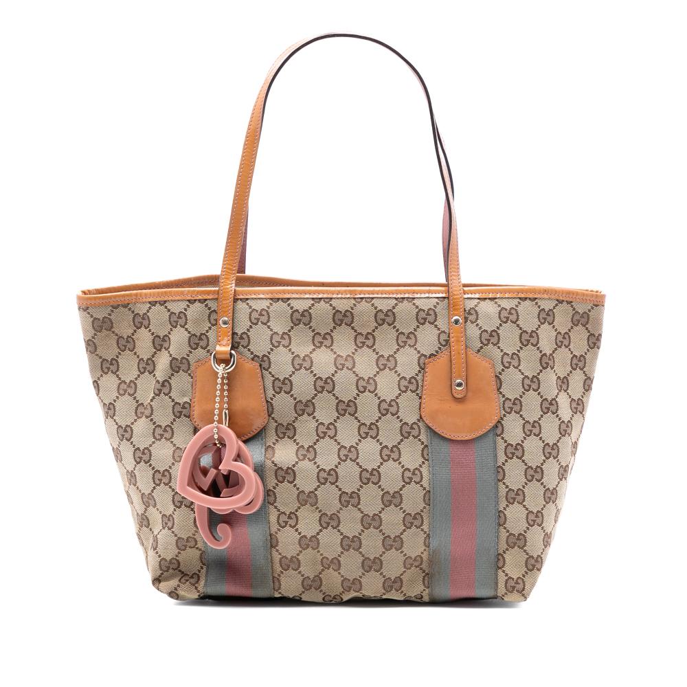 Gucci B Gucci Brown Beige Canvas Fabric GG Web Jolie Tote Italy