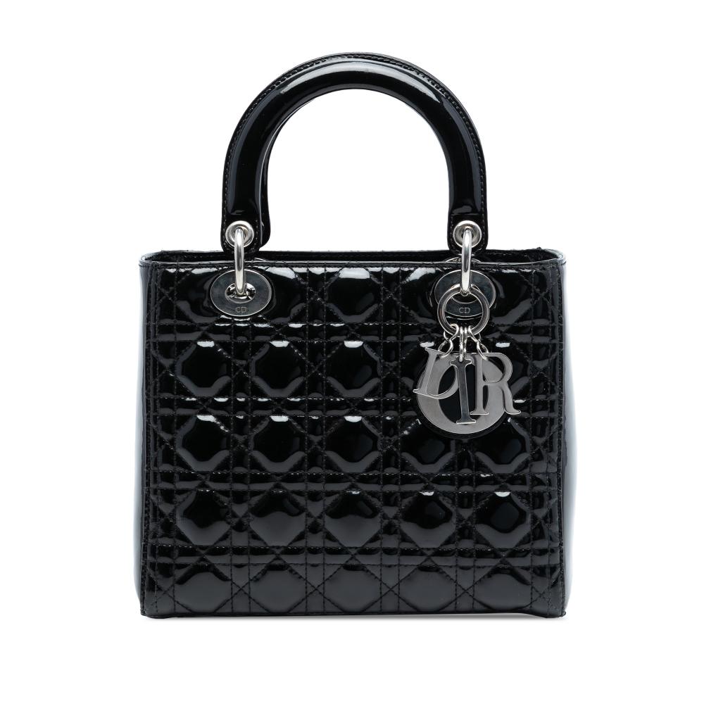 Christian Dior B Dior Black Patent Leather Leather Medium Patent Cannage Lady Dior Italy