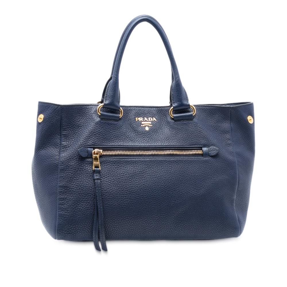 Prada AB Prada Blue Calf Leather Vitello Daino Front Pocket Tote Italy