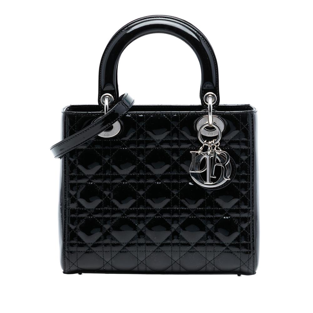 Christian Dior B Dior Black Patent Leather Leather Medium Patent Cannage Lady Dior Italy
