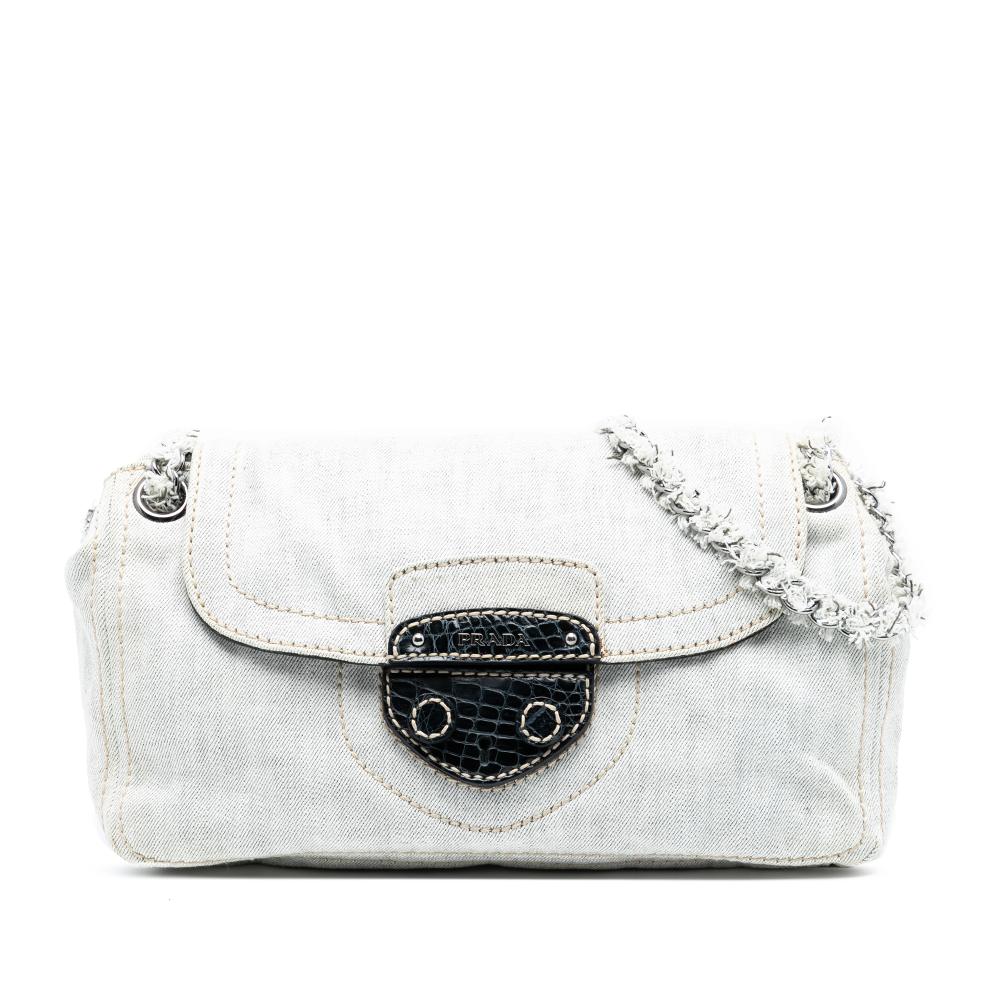 Prada AB Prada Gray Light Gray Denim Fabric Sound Lock Shoulder Bag Italy