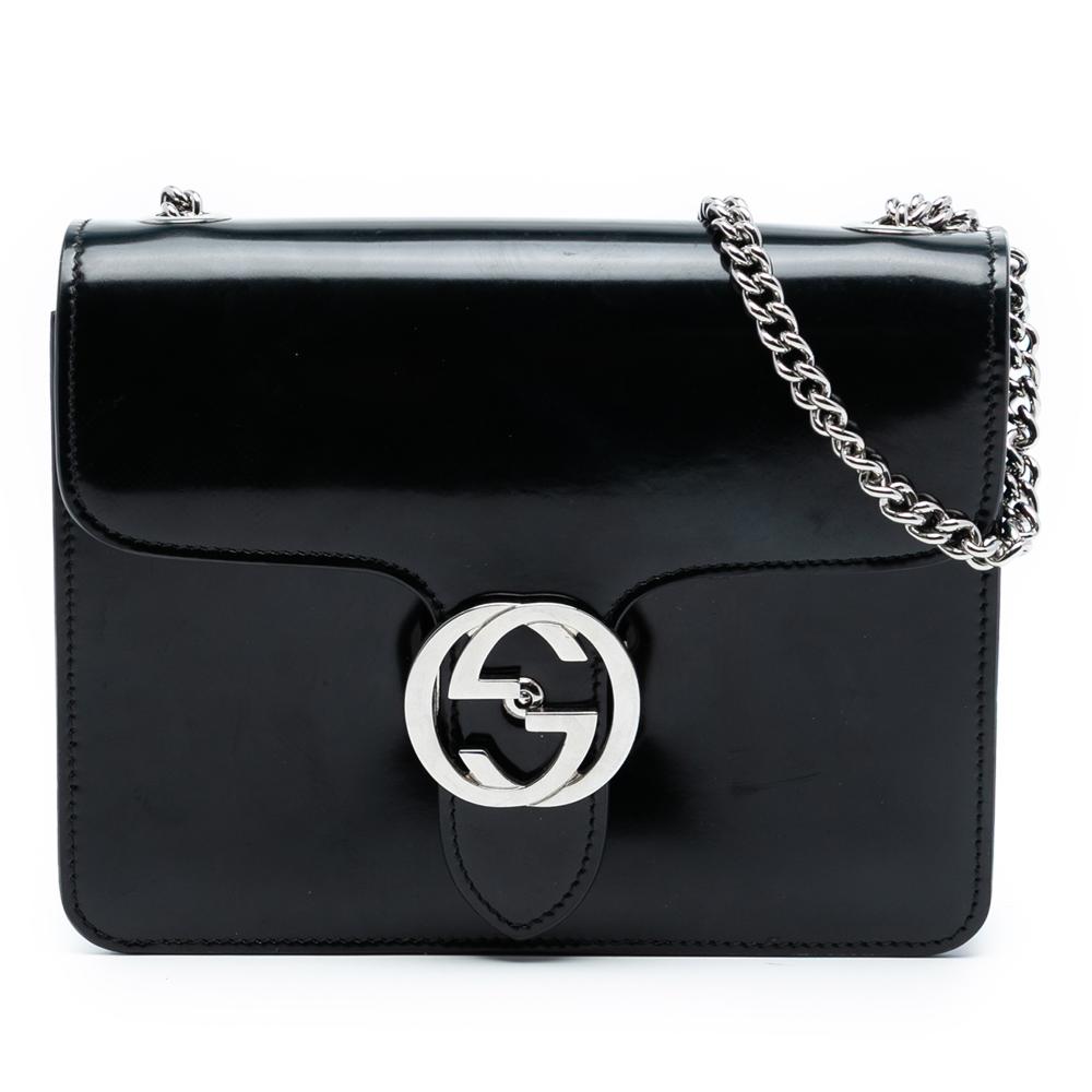 Gucci AB Gucci Black Calf Leather Small Polished skin Interlocking G Dollar Crossbody Italy