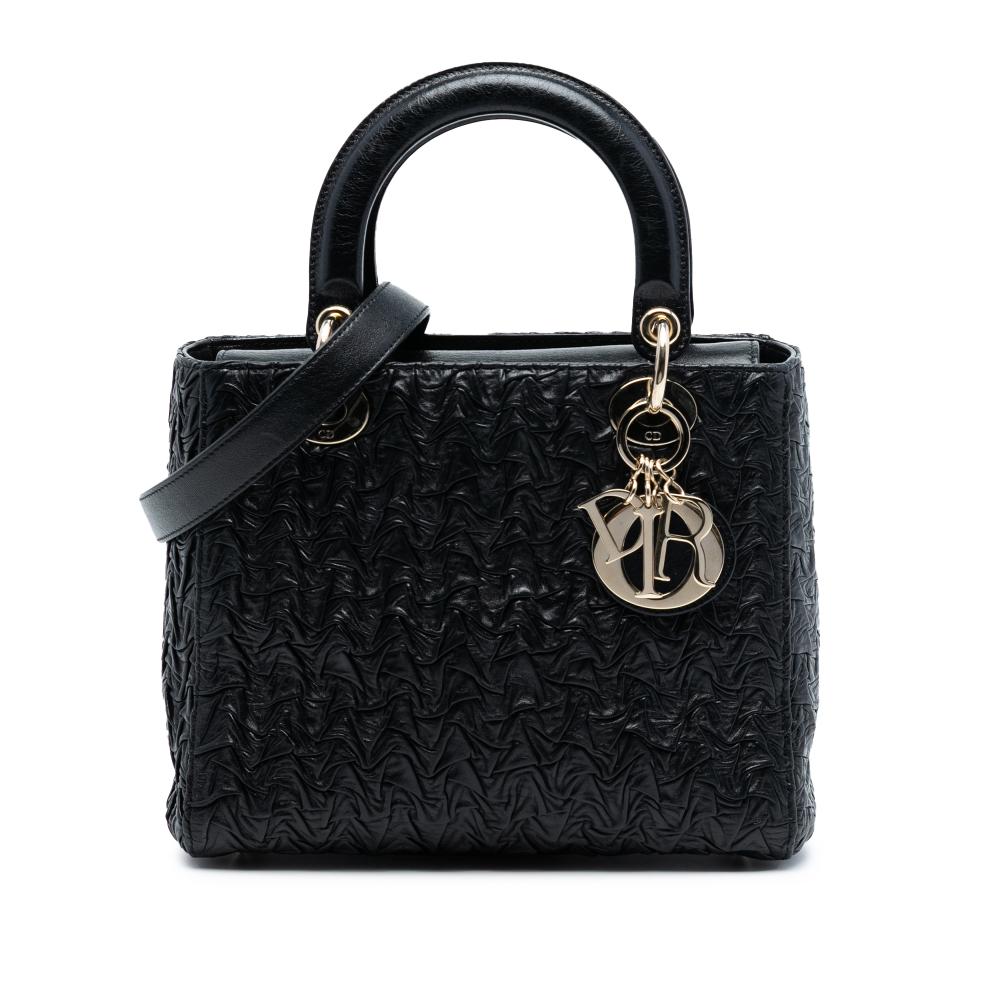Christian Dior B Dior Black Lambskin Leather Leather Medium Wavy Crinkled Lambskin Lady Dior Italy