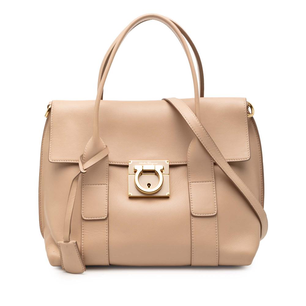Ferragamo B Ferragamo Brown Beige Calf Leather Medium Gancini Sookie Satchel Italy