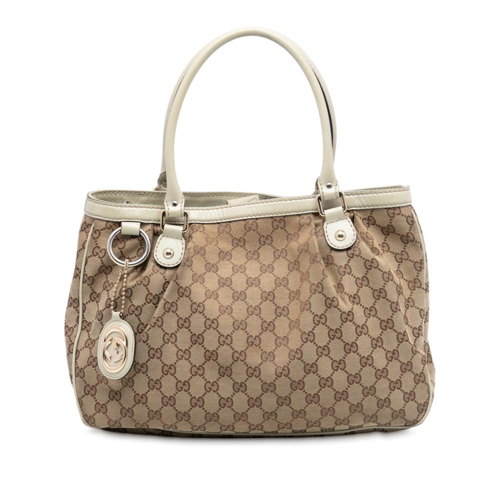 Gucci B Gucci Brown Light Brown Canvas Fabric GG Sukey Tote Italy