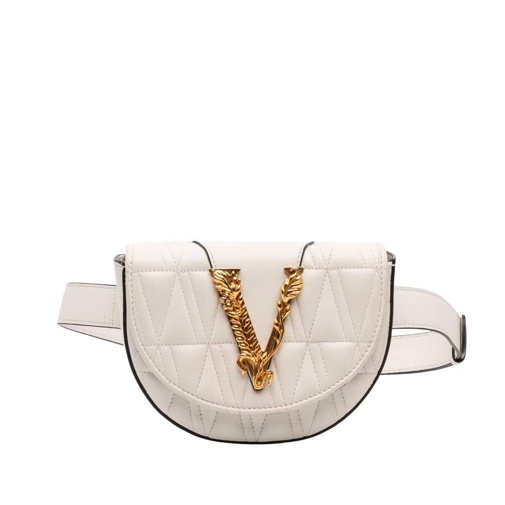 Versace B Versace White Nappa Leather Leather Quilted Nappa Virtus V Crossbody Belt Bag Italy