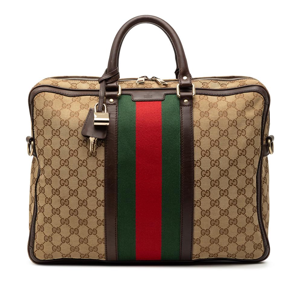 Gucci B Gucci Brown Beige Canvas Fabric GG Web Briefcase Italy