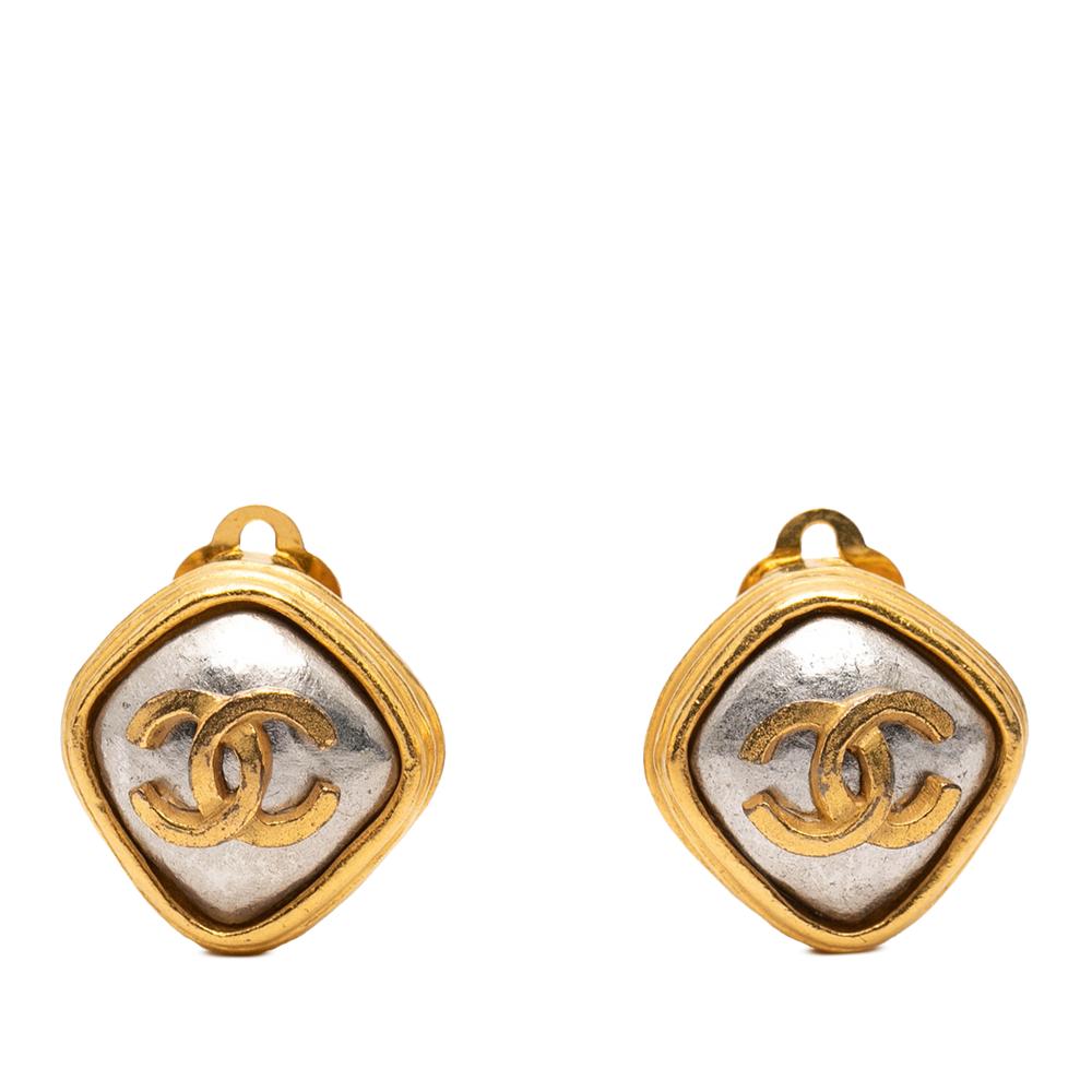Chanel B Chanel Gold Gold Plated Metal CC Diamond Shape Clip on Earrings France