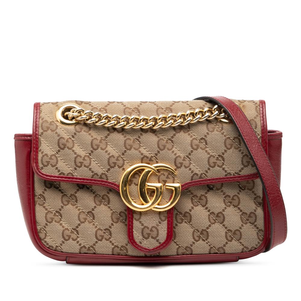 Gucci Brown Small GG Marmont Matelasse Diagonal GG Canvas and Leather Shoulder Bag Italy