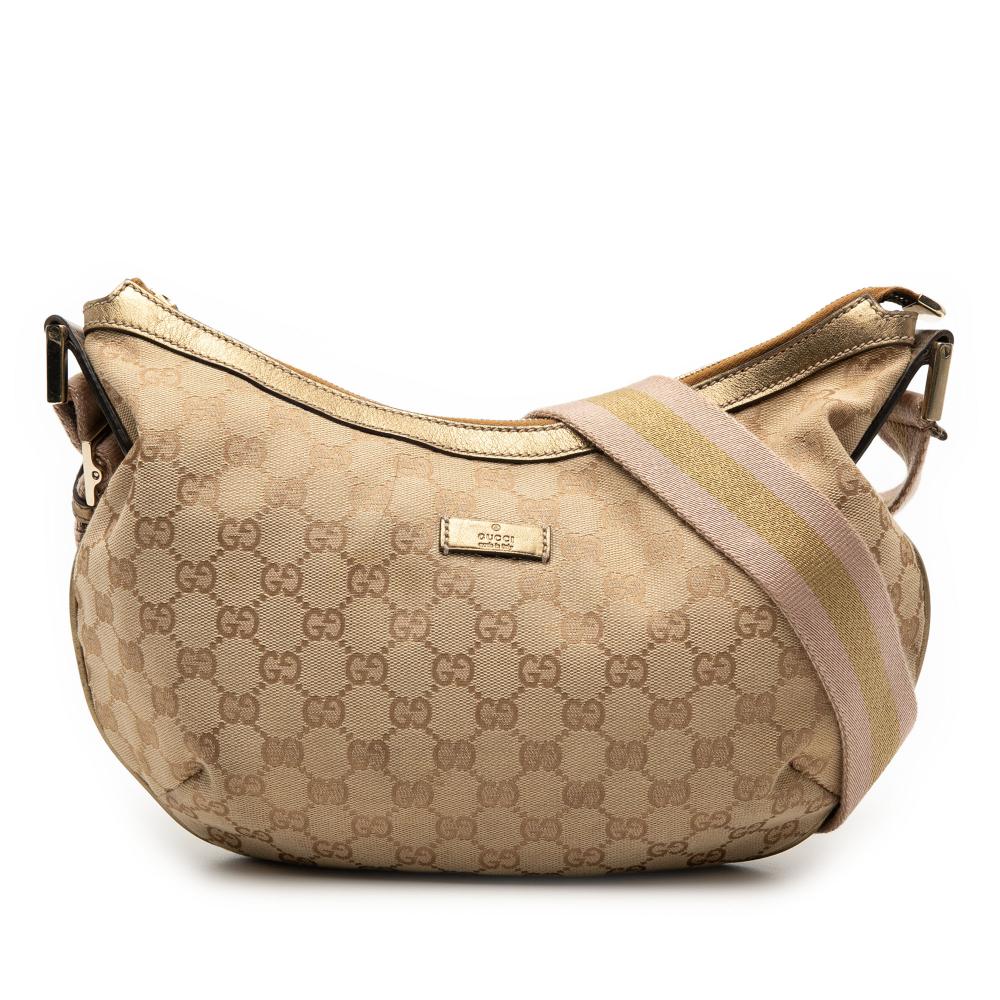 Gucci B Gucci Brown Beige Canvas Fabric GG Web Crossbody Italy
