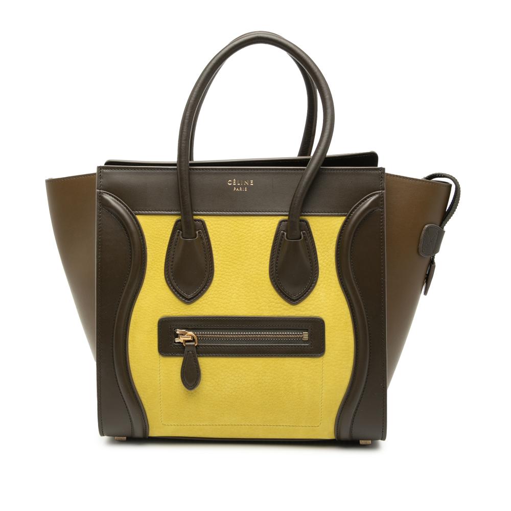 Celine B Celine Yellow with Brown Dark Khaki Calf Leather Micro Tricolor Luggage Tote Italy