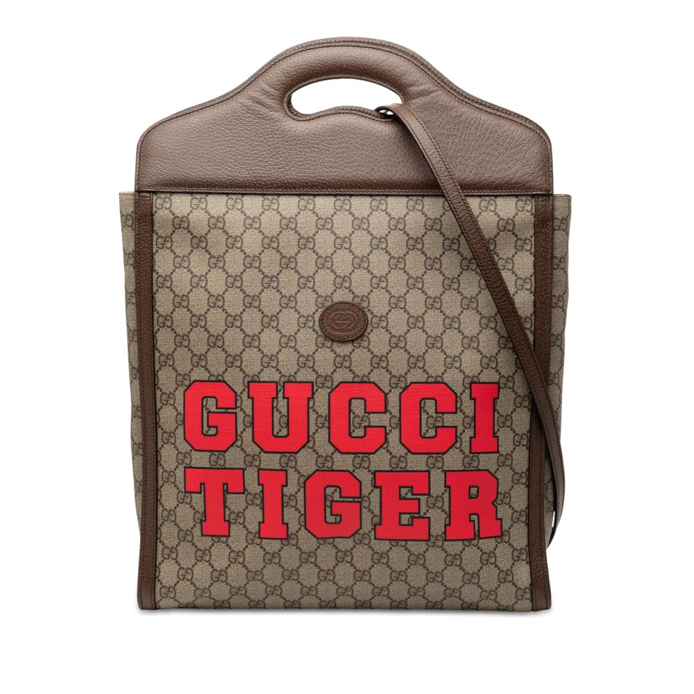 Gucci AB Gucci Brown Beige Coated Canvas Fabric GG Supreme Web Tiger Satchel Italy