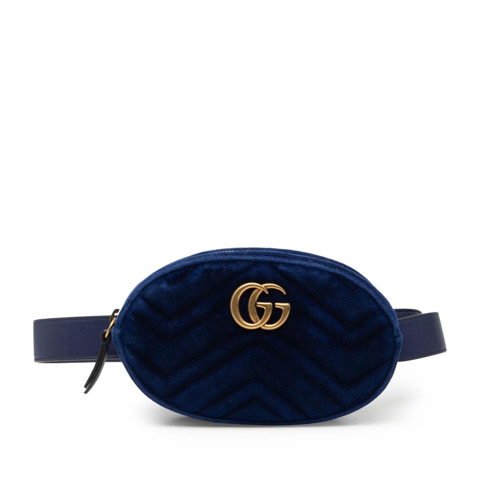 Gucci AB Gucci Blue Velvet Fabric GG Marmont Matelasse Belt Bag Italy