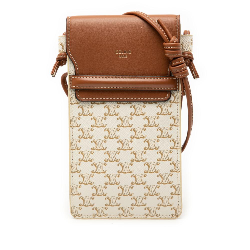 Celine AB Celine White with Brown Coated Canvas Fabric Triomphe Phone Pouch Flap Crossbody Italy