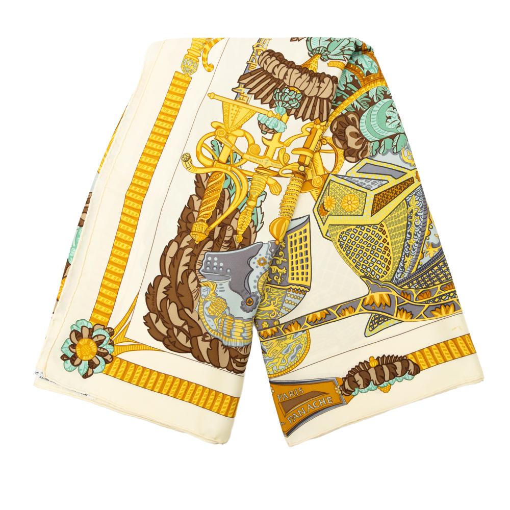 Hermès AB Hermès Brown Light Beige Silk Fabric Armets En Panache Scarf France