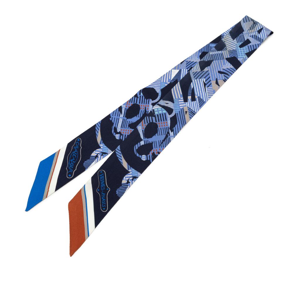 Hermès B Hermès Blue Silk Fabric Cavalcadour Morning Twilly Scarf France