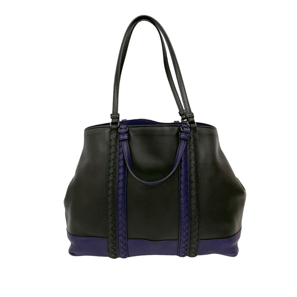 Bottega Veneta AB Bottega Veneta Black with Blue Nappa Leather Leather Intrecciato Trimmed Nappa Satchel Italy