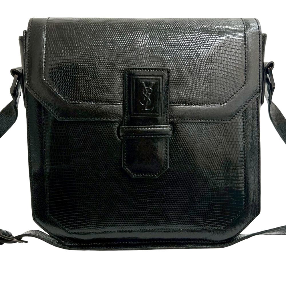 Saint Laurent AB Saint Laurent Black Calf Leather Lizard Embossed Monogram Crossbody France