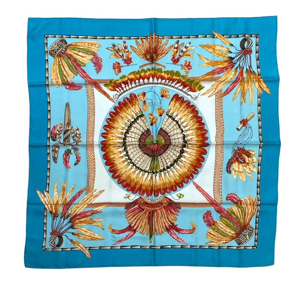 Hermès AB Hermès Blue Light Blue with Multi Silk Fabric Brazil Scarf 90 France