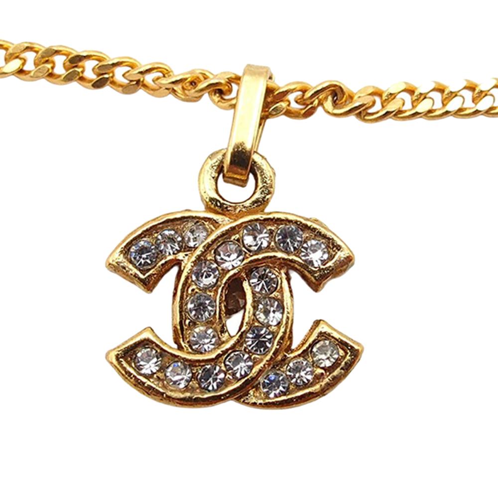 Chanel B Chanel Gold Gold Plated Metal CC Rhinestone Pendant Necklace France