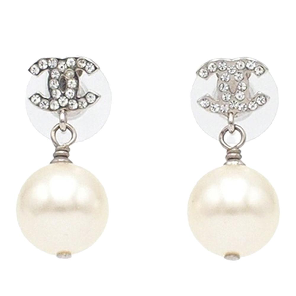 Chanel AB Chanel Silver Silver Plated Metal CC Crystal Faux Pearl Drop Push Back Earrings France