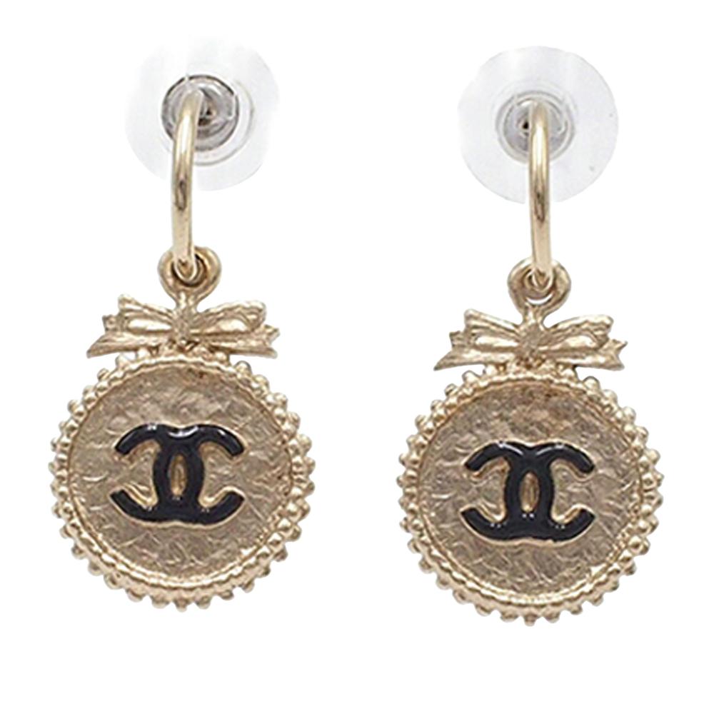 Chanel Gold Light Gold Gold Plated Metal CC Enamel Round Bow Dangle Stud Push Back Earrings France