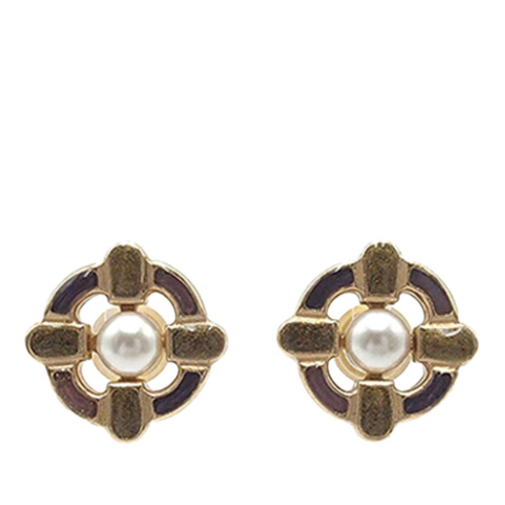 Chanel B Chanel Gold Gold Plated Metal Enamel Maltese Cross and Faux Pearl Push Back Earrings Italy