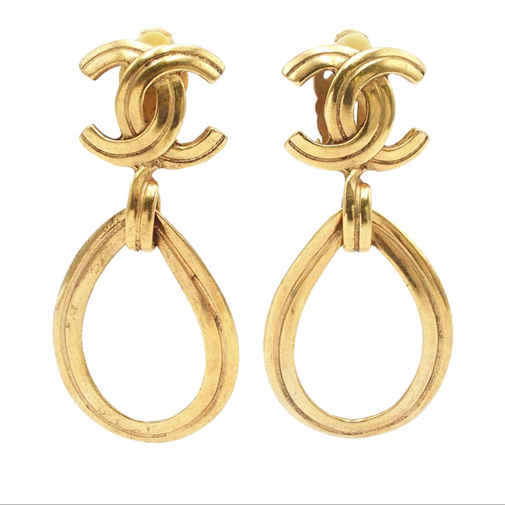 Chanel B Chanel Gold Gold Plated Metal CC Teardrop Dangle Hoop Clip On Earrings France