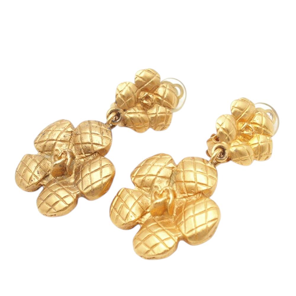 Chanel B Chanel Gold Gold Plated Metal Quilted Camellia Drop Clip on Earrings France